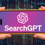 SearchGPT and OpenAI logo on a horizontal phone chipboard-esque logo