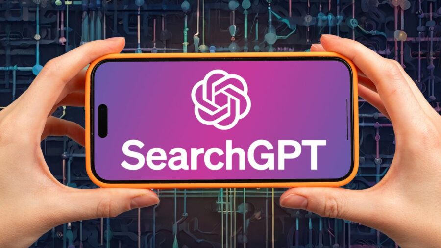 SearchGPT and OpenAI logo on a horizontal phone chipboard-esque logo