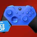 Xbox Elite Series 2 Core wireless controller in blue against a red background