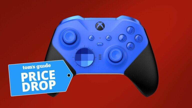 Xbox Elite Series 2 Core wireless controller in blue against a red background