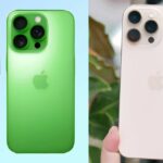 A side by side of leaked renders of the iPhone 17 Pro in two colorways and the iPhone 16 Pro