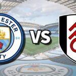 The Manchester City and Fulham club badges on top of a photo of the Etihad Stadium in Manchester, England