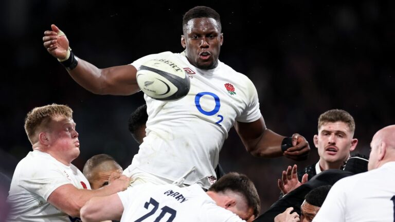 Maro Itoje of England hoisted in the air in the lineout ahead of the England vs New Zealand live stream: How to watch 2024 Autumn Internationals