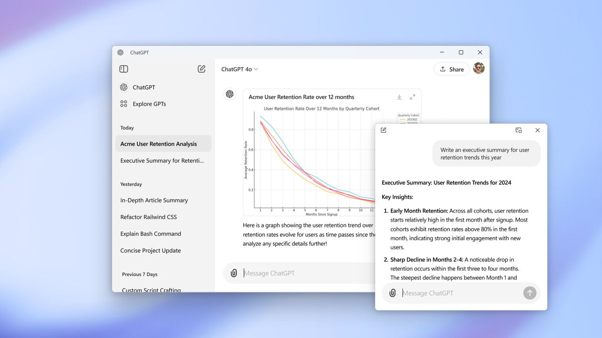 ChatGPT Windows app showing a graph and pop up window chat