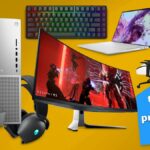 Various Alienware computing tech on a yellow background