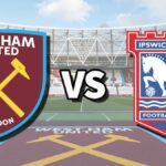 The West Ham United and Ipswich Town club badges on top of a photo of London Stadium in London, England