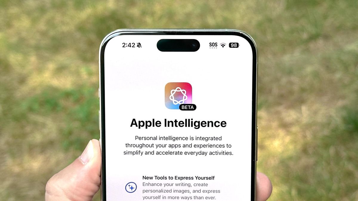 Apple Intelligence installation screen shown on iPhone 15 Pro Max.