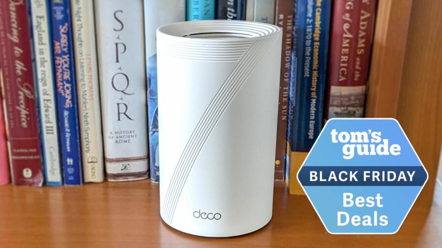 A TP-Link Deco BE63 mesh router with a Tom's Guide Black Friday Best Deals badge next to it