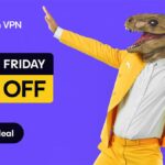 Dinosaur wearing yellow suit, dancing about Proton VPN's 70% off Black Friday sale