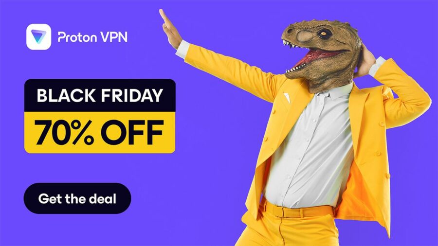 Dinosaur wearing yellow suit, dancing about Proton VPN's 70% off Black Friday sale