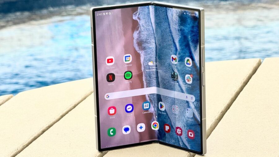 Samsung Galaxy Z Fold 6 on a table next to a pool