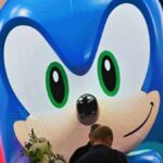 Close up of Sonic the Hedgehog character is displayed at the Sega stand, prior to the release of &quot;Game Changers&quot; documentary series