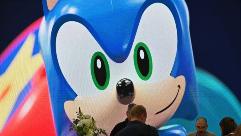 Close up of Sonic the Hedgehog character is displayed at the Sega stand, prior to the release of &quot;Game Changers&quot; documentary series