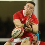 Wales' full-back Josh Adams (2R) misses a catch during the Autumn Nations Series International rugby union match ahead of this weekend's Wales vs Fiji live stream