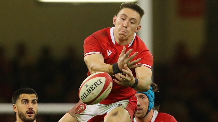 Wales' full-back Josh Adams (2R) misses a catch during the Autumn Nations Series International rugby union match ahead of this weekend's Wales vs Fiji live stream