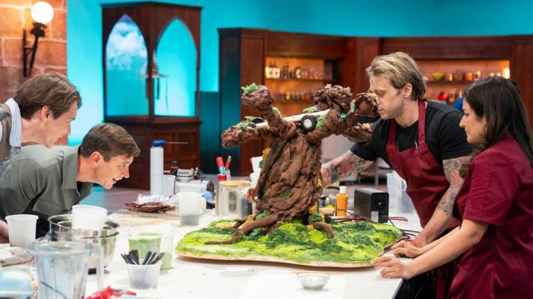 Riccardo and Hemu work on their Whomping Willow cake as James and Oliver Phelps watch on in Wizards of Baking