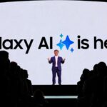 TM Roh of Samsung speaks at a Galaxy Unpacked event in front of Galaxy AI banner