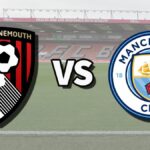 The AFC Bournemouth and Manchester City club badges on top of a photo of the Vitality Stadium in Bournemouth, England