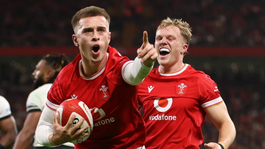 Cam Winnett of Wales celebrates scoring a try ahead of the Wales vs Australia live stream: How to watch 2024 Autumn International rugby online