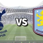 The Tottenham Hotspur and Aston Villa club badges on top of a photo of Tottenham Hotspur Stadium in London, England