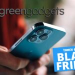 Stock image showing a person holding an iPhone with Green Gadgets logo and Tom's Guide Black Friday logo overlaid