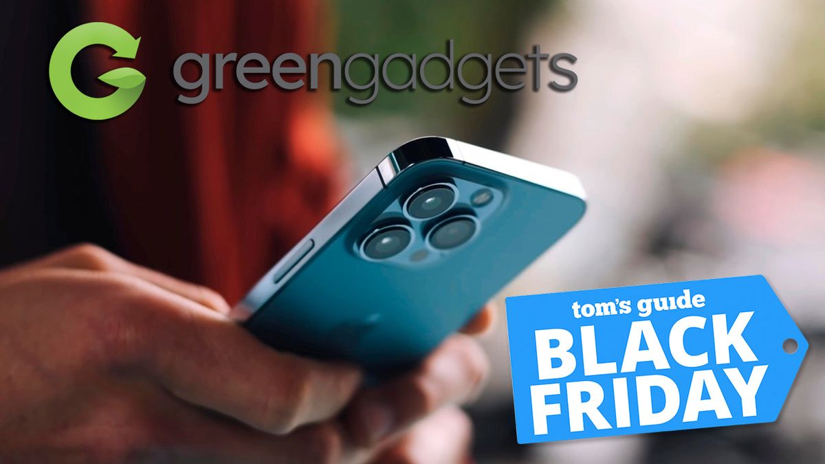 Stock image showing a person holding an iPhone with Green Gadgets logo and Tom's Guide Black Friday logo overlaid