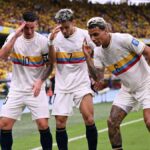 Luis Diaz celebrates with Colombia's midfielder #10 James Rodriguez and Colombia's midfielder #06 Richard Ríosafter scoring during the 2026 FIFA World Cup South American qualifiers in the build up to the Uruguay vs Colombia live stream