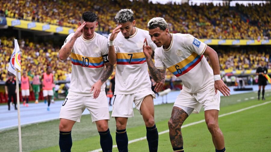 Luis Diaz celebrates with Colombia's midfielder #10 James Rodriguez and Colombia's midfielder #06 Richard Ríosafter scoring during the 2026 FIFA World Cup South American qualifiers in the build up to the Uruguay vs Colombia live stream