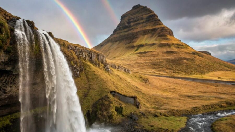 AI generated image of a mountain, waterfall and rainbow