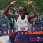 Kenya's Hellen Obiri celebrates winning the 52nd Edition of the New York City Marathon on November 5, 2023.