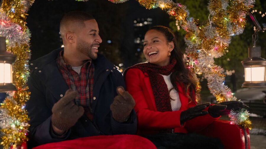 Teddy (Devale Ellis) and Layla (Christina Milian) on a sleigh ride in Netflix's &quot;Meet Me Next Christmas&quot;