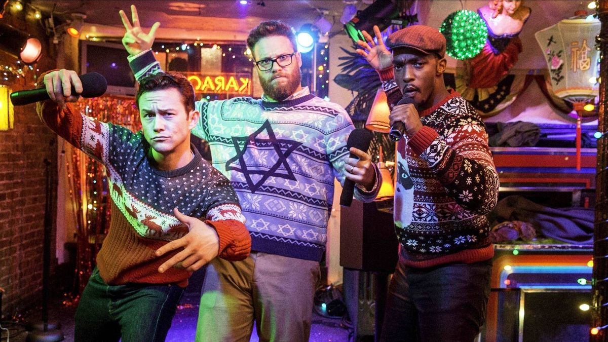 (L-R) Joseph Gordon-Levitt as Ethan Miller, Seth Rogen as Isaac Greenberg and Anthony Mackie as Chris Roberts in &quot;The Night Before&quot;