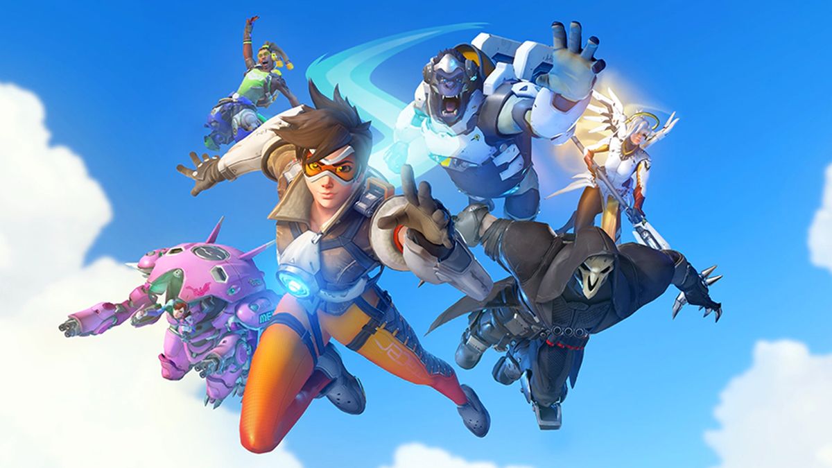 An Overwatch 2 promotional image featuring six of the games' main heroes