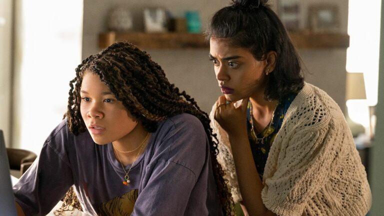 (L, R) Storm Reid as June Allen and Megan Suri as Veena in Missing