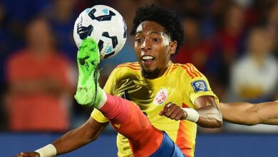 Colombia's defender #17 Johan Mojica kicks the ball ahead of the Colombia vs Ecuador live stream