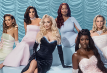 The cast of The Real Housewives of Beverly Hills season 14 assembled in glamorous attire in front of a swagged baby blue backdrop ahead of the 2024 premiere.