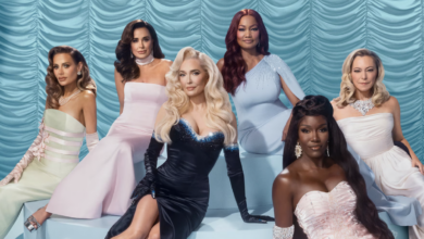 The cast of The Real Housewives of Beverly Hills season 14 assembled in glamorous attire in front of a swagged baby blue backdrop ahead of the 2024 premiere.