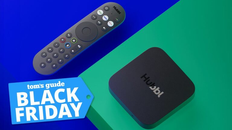 Hubbl Hub promotional image with streaming puck and remote and Tom's Guide Black Friday deal badge overlaid