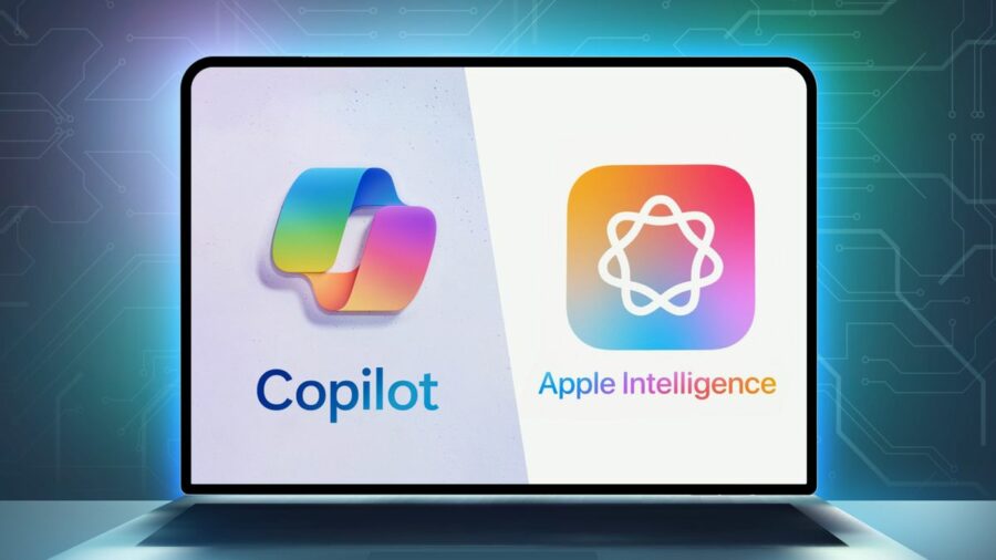 Apple Intelligence vs Windows Copilot superimposed on a screen