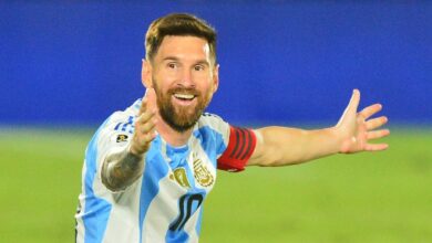 Argentina's forward #10 Lionel Messi reacts during the 2026 FIFA World Cup South American qualifiers in the run up to the Argentina vs Peru live stream