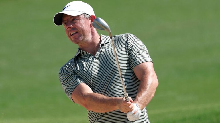 Rory McIlroy plays from a bunker at Yas Links ahead of the The Abu Dhabi Championship 2024 live stream