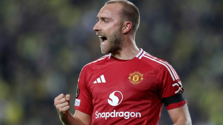 Christian Eriksen of Manchester United celebrates scoring a goal during the UEFA Europa League 2024/25 match between Fenerbahce SK and Manchester United ahead of the Man Utd vs PAOK live stream