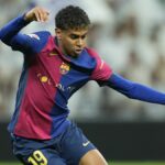 Lamine Yamal right winger of Barcelona and Spain during the La Liga match between Real Madrid CF and FC Barcelona at Estadio Santiago Bernabeu prior to the Barcelona vs Espanyol live stream