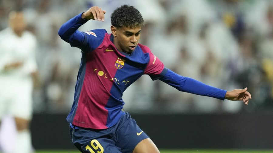 Lamine Yamal right winger of Barcelona and Spain during the La Liga match between Real Madrid CF and FC Barcelona at Estadio Santiago Bernabeu prior to the Barcelona vs Espanyol live stream