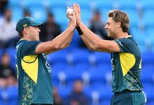 Spencer Johnson and Xavier Bartlett of Australia celebrates a wicket during game three of the Men's T20 International match series between Australia and Pakistan ahead of Australia vs India 1st Test