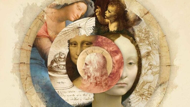 A circular mosaic of elements from Leonardo da Vinci's drawings and paintings - including the Mona Lisa - for Ken Burns' two-part documentary &quot;Leonardo da Vinci&quot;