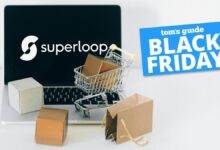 Superloop logo on laptop screen background with tiny shopping cart and brown gift bags on keyboard of laptop and Tom's Guide Black Friday blue badge on top right corner