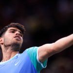 Carlos Alcaraz of Spain serves against Ugo Humbert of France in their Men's Singles Third Round match during day four of the Rolex Paris Masters 2024 on October 31, 2024 in Paris, France.