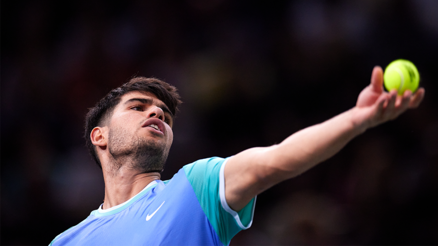 Carlos Alcaraz of Spain serves against Ugo Humbert of France in their Men's Singles Third Round match during day four of the Rolex Paris Masters 2024 on October 31, 2024 in Paris, France.