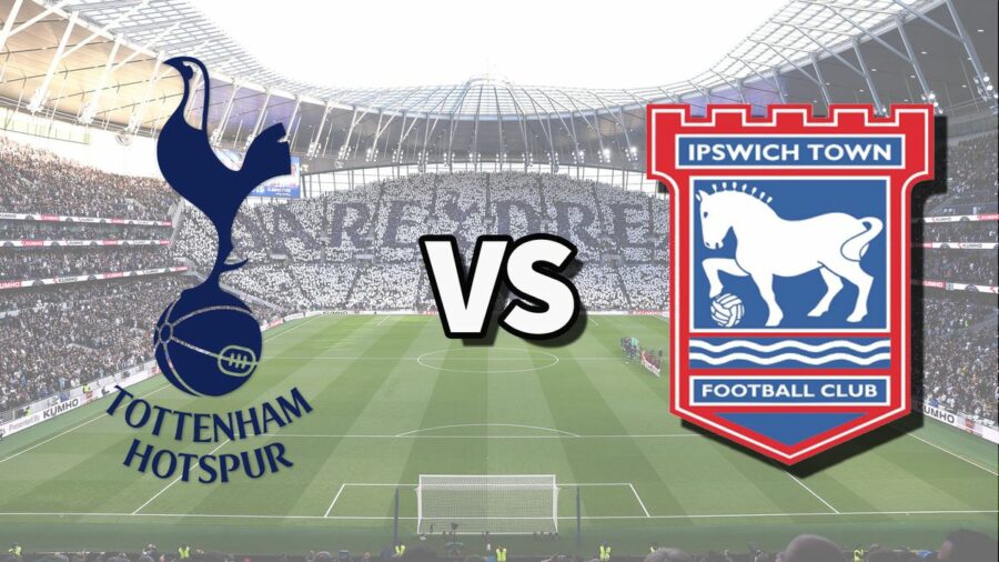 The Tottenham Hotspur and Ipswich Town club badges on top of a photo of Tottenham Hotspur Stadium in London, England